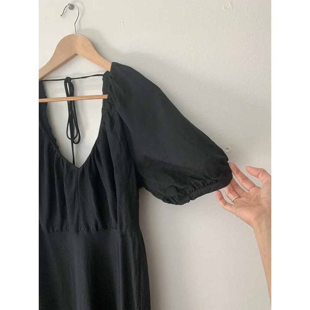 Banana Republic Viscose Linen Midi/Maxi Black Dress 12 Puff Sleeve Silky Tie - Picture 4 of 12